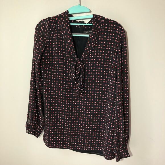 St John womens 2 black silk blouse red hearts print v neck tie bow career luxury - Picture 1 of 13